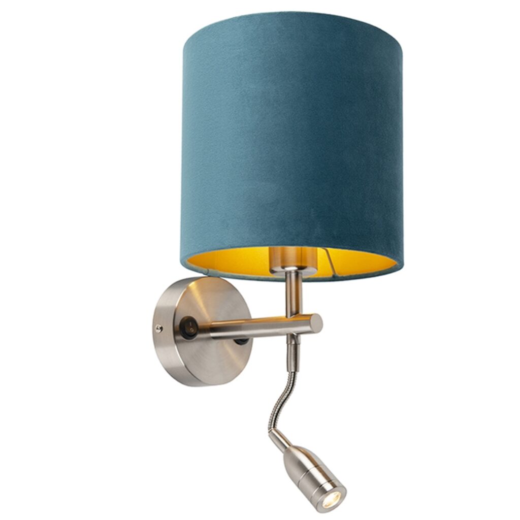 wandlampen Wandlamp staal met leeslamp en kap velours blauw MetaalStof Blauw go Deze wandlamp is perfect om je muur een moderne look te geven. Het praktische