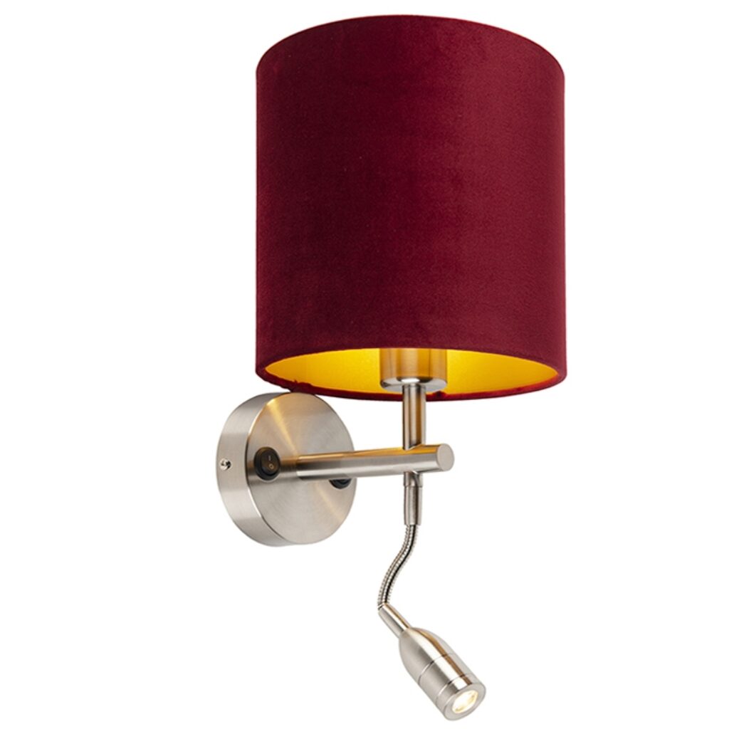 wandlampen Wandlamp staal met leeslamp en kap velours rood MetaalStof Rood go Deze wandlamp is perfect om je muur een moderne look te geven. Het praktische