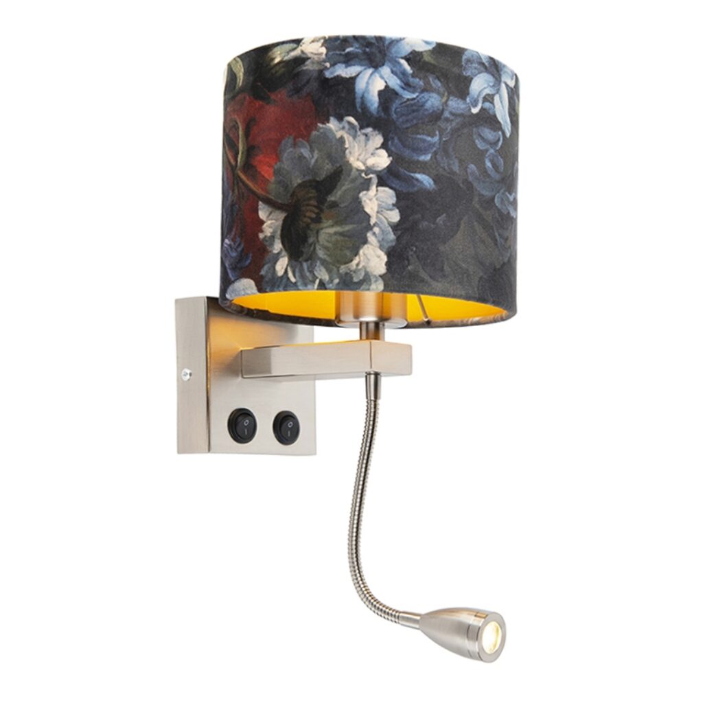 wandlampen Wandlamp staal met velours kap bloemen goud Brescia Metaal Blauw go Deze wandlamp is perfect om je muur een romantische look te geven. Het praktische