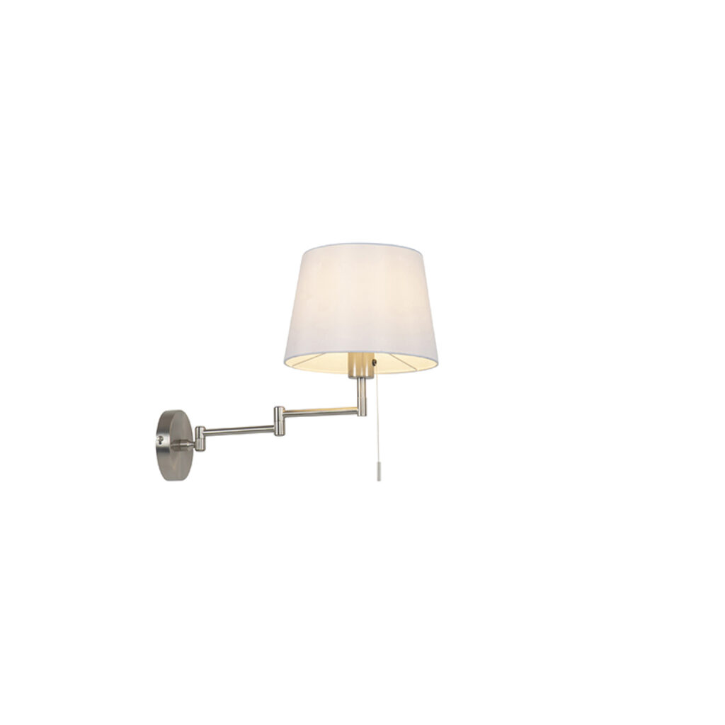 wandlampen Wandlamp staal met witte kap en verstelbare arm Ladas Deluxe StofStaal Wit is een klassiek moderne wandlamp voor in de woonkamer slaapkamer of