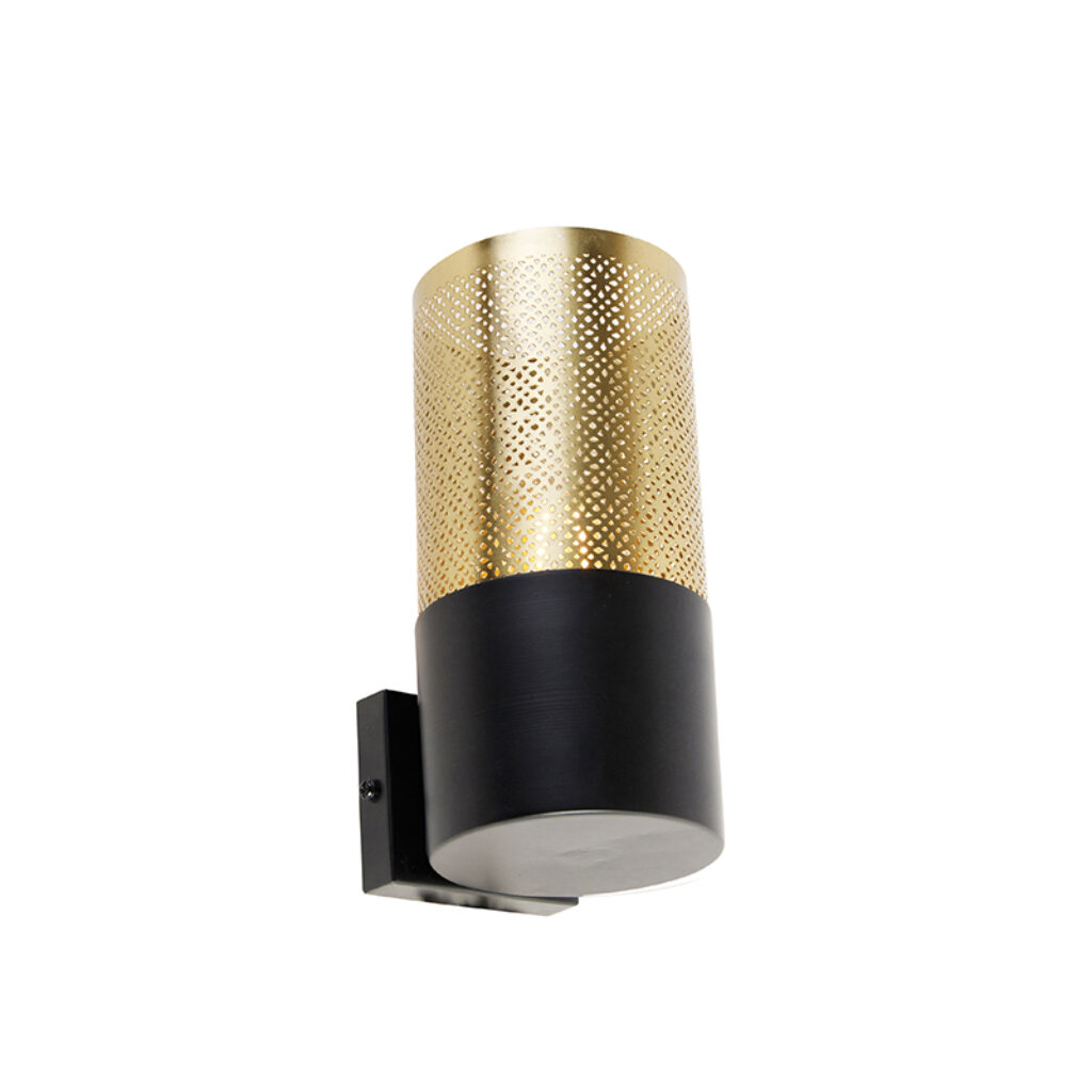 wandlampen wandlamp zwart met goud 75 cm Raspi Staal Wat een toffe is gemaakt van staal en afgewerkt in het zwart. De kleine gaatjes de lampenkap zorgen voor