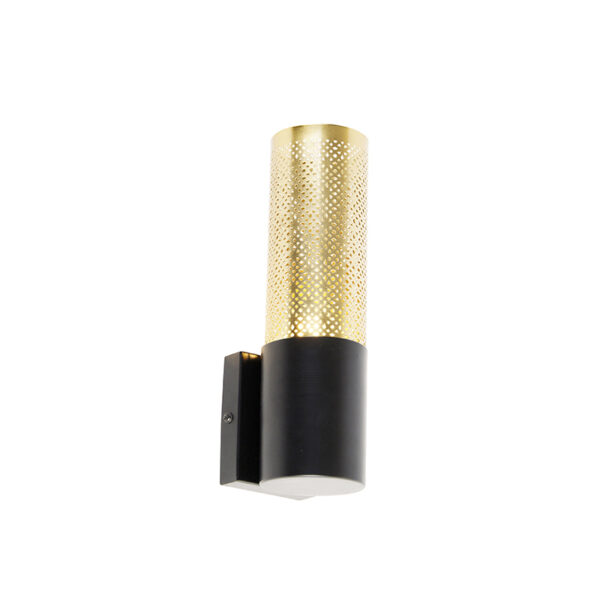 wandlampen wandlamp zwart met goud 115 cm Raspi Staal Wat een toffe is gemaakt van staal en afgewerkt in het zwart. De kleine gaatjes de lampenkap zorgen voor