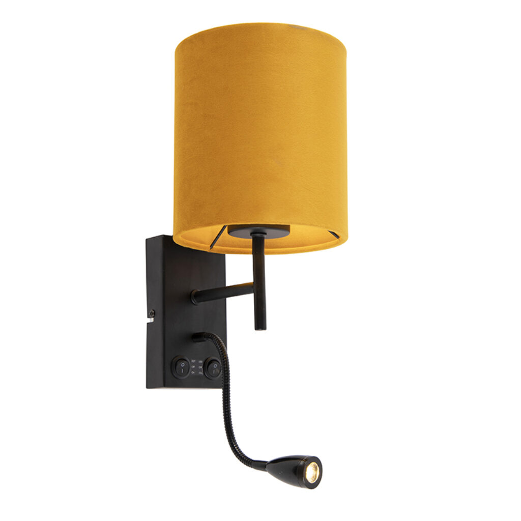 wandlampen Wandlamp zwart met velours gele kap Stacca StaalStof Geel Een opvallend exemplaar in huis dat is deze Stacca. Deze wandlamp perfect als eyecatcher